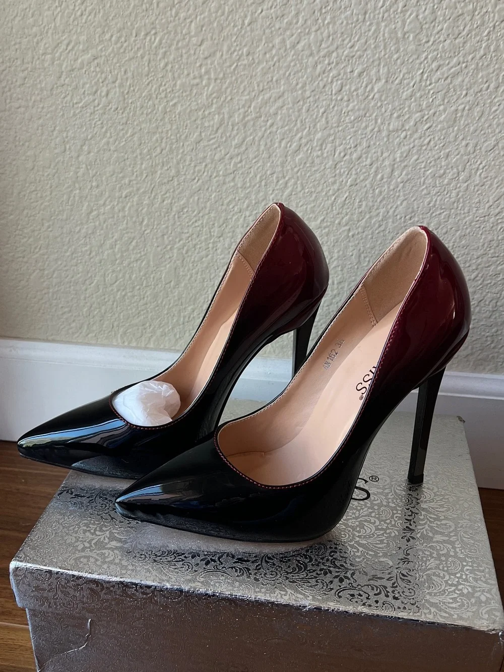 Black Patent Pumps with Red Ombre Back